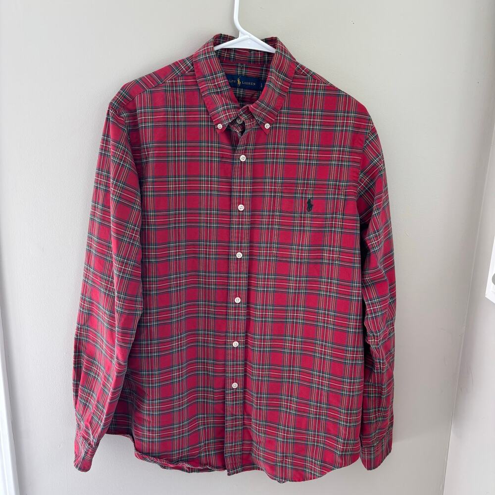 Ralph Lauren Men's Cotton Red Plaid Button Down Holiday Christmas Shirt Size L